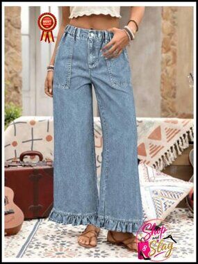 Wide Leg Jeans Elastic Waisted Ruffle Hem Denim Pants Pockets